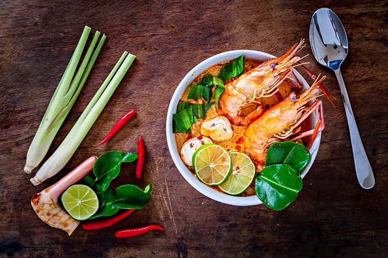 Tom Yam kung Spicy Thai soup with shrimp, seafood. noodles with shrimp. Soup Traditional food in Thailand. soup food with mushrooms, coconut milk and hot spices