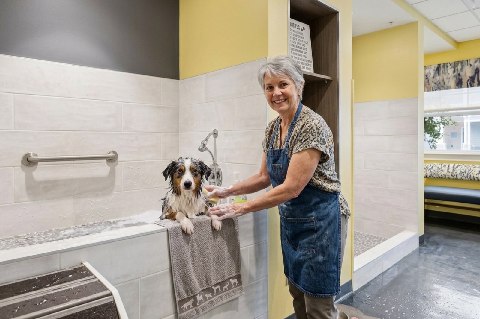 A dog getting washed at a bathing station inside the Barks & Bubbles Pet Salon