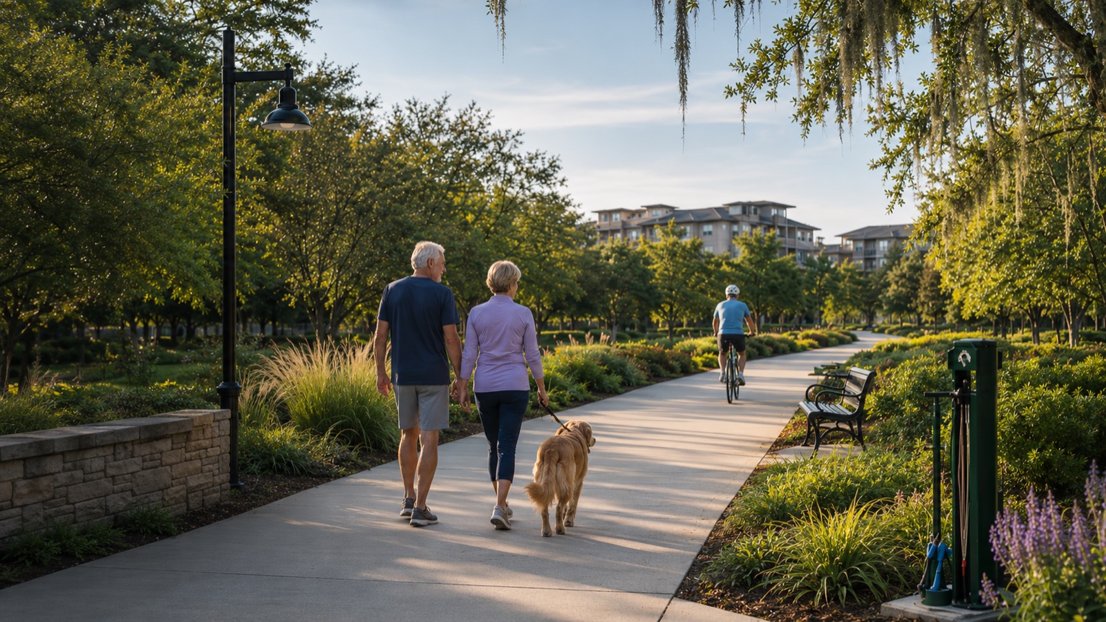The paved Archer Braid Trail looping past Celebration Pointe, live oaks and green space alongside.